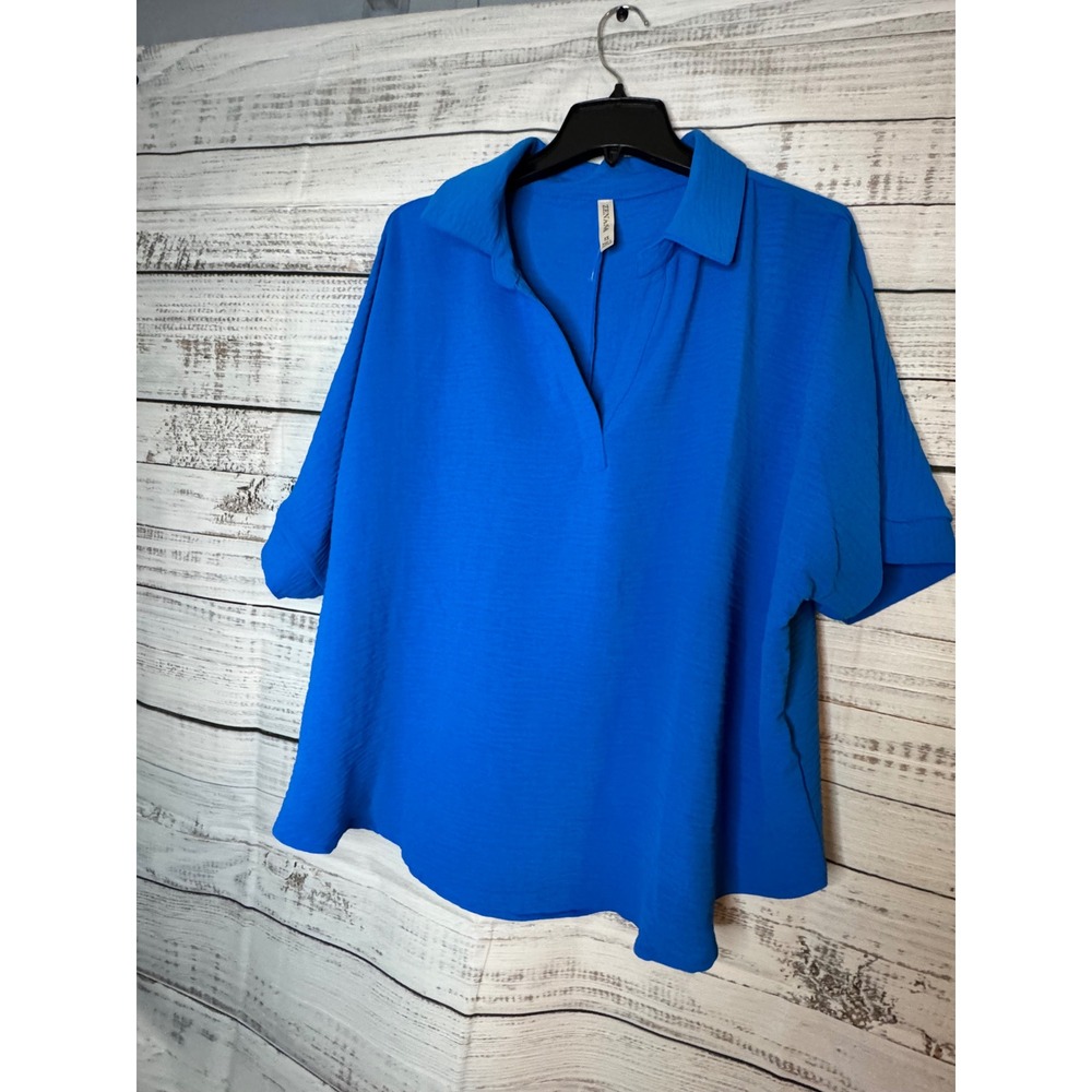 Zenana Women Royal Blue Textured Short Sleeve V-Neck Blouse Top 3X QT-1396